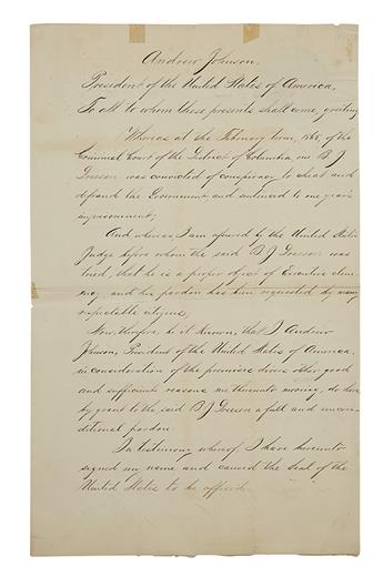 JOHNSON, ANDREW. Document Signed, as President, pardoning B.J. Dreesen,